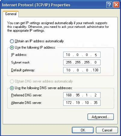 Poznámka Pro manuální nakonfigurování nastavení IP na pracovní stanici s Windows otevřete dialogový rámeček Protokol sítě Internet TCP/IP - Vlastnosti a zvolte Použít následující adresu IP.