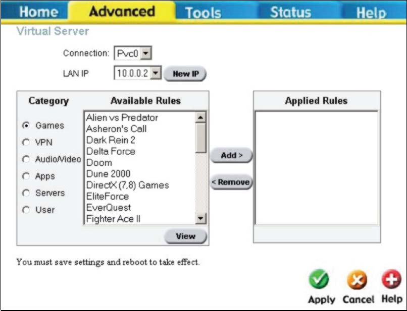 Virtual Server (Virtuální server) Použijte okno Virtual Server pro nastavení pravidel pro přesměrování (forwarding) jednoho portu, trigger (spouštěcího) portu nebo skupiny statických portů, použitých