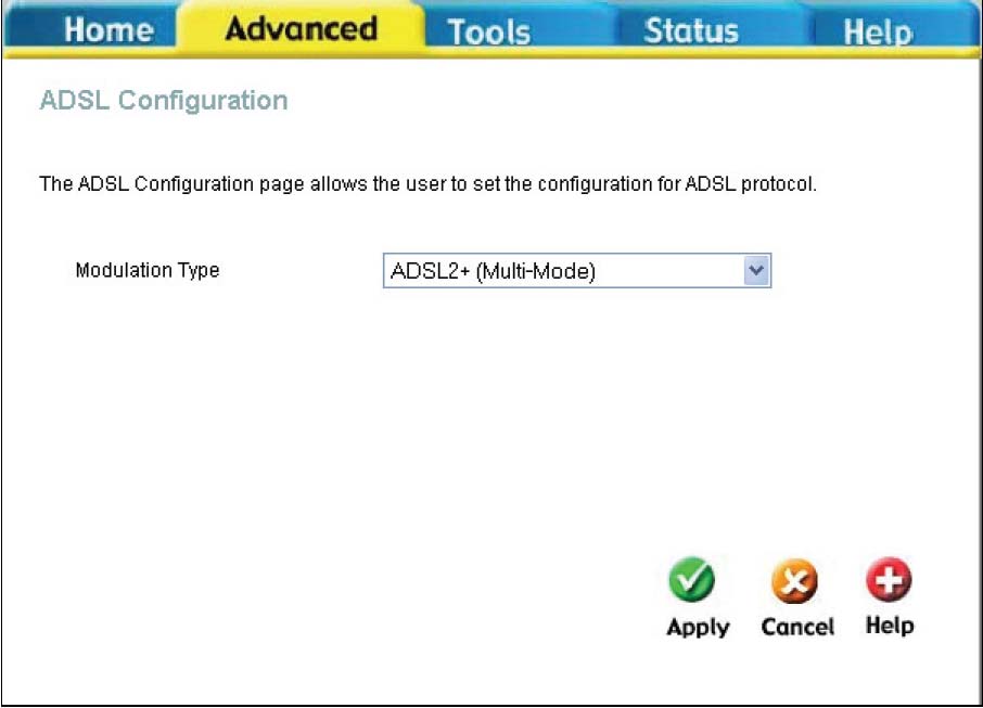 ADSL Okno ADSL Configuration umožňuje uživateli nastavit konfiguraci pro ADSL protokoly. Pro většinu ADSL účtů bude fungovat výchozí nastavení ADSL2+(Multi-mode).