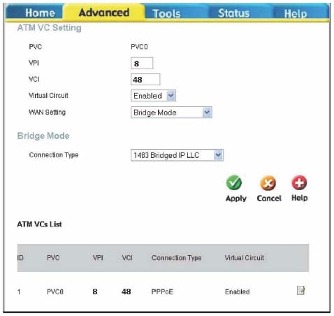 ATM VCC Okno ATM VC Setting se používá pro konfiguraci WAN spojení. Používáte-li vícenásobné PVC, můžete v tomto okně změnit konfiguraci libovolného PVC.