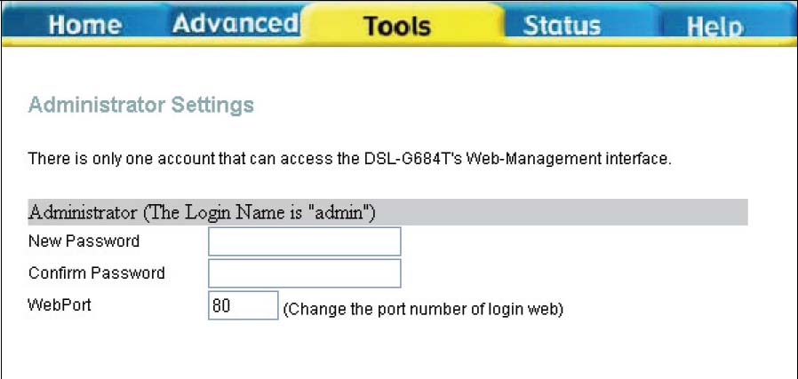 Změna systémového hesla Pod záhlavím Administrator zadejte nové heslo do pole New Password a znovu do pole Confirm Password, aby bylo jisté, že jste je zadali správně.