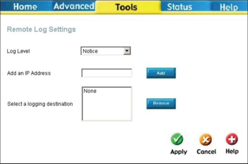 Remote Log (Posílání zpráv) Okno Remote Log Settings použijte pro nastavení posílání zpráv na servery nebo počítače, které jsou umístěny mimo LAN nebo subsíť směrovače.