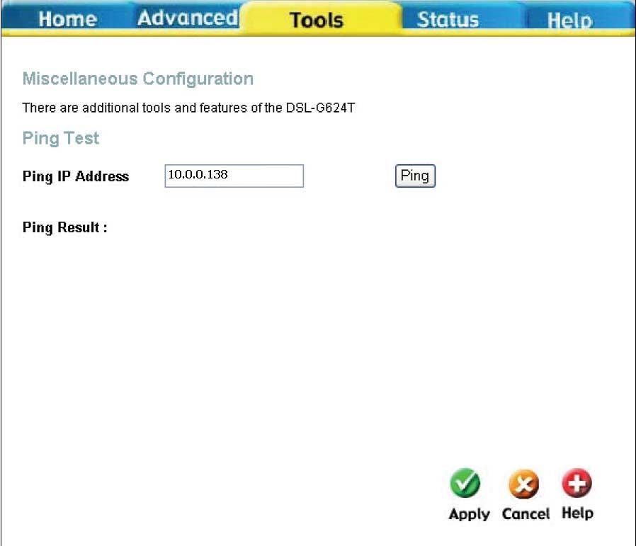 Miscellaneous (Různé) Pro provedení standardního pingového testu síťového spojení klikněte na tlačítko Misc. v záložce Tools, aby se zobrazilo okno Miscellaneous Configuration.
