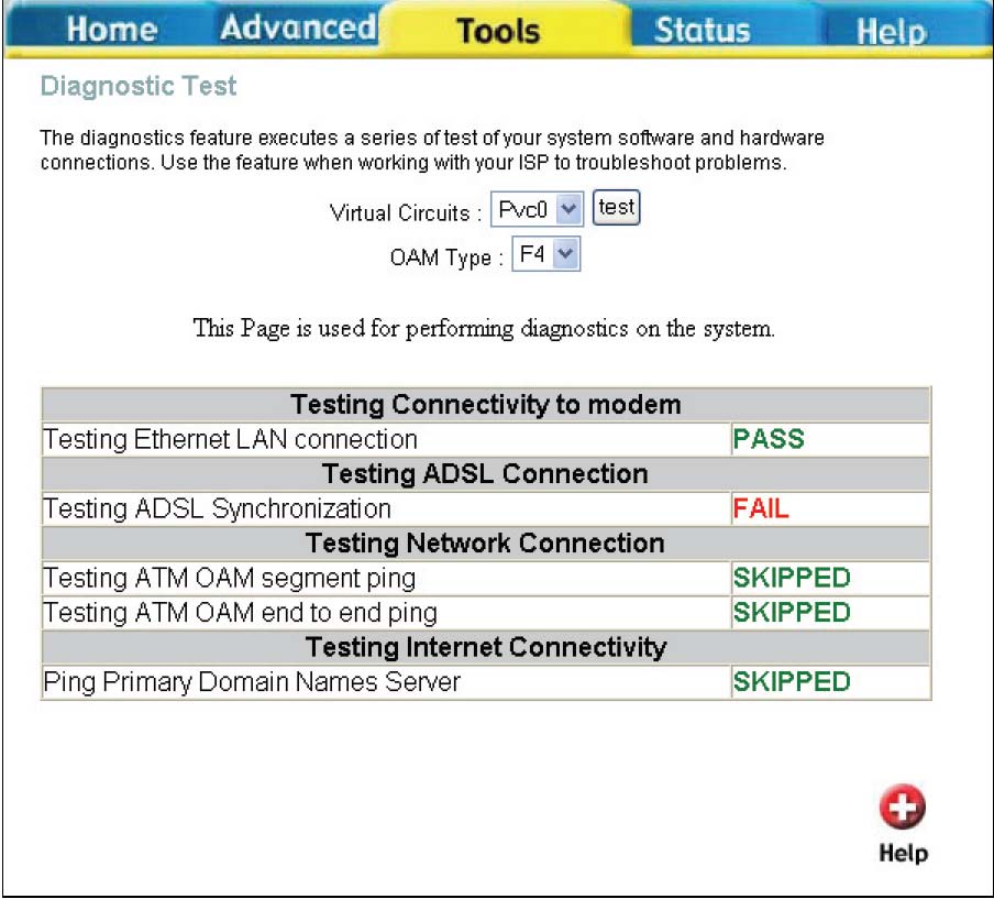 Test Okno Diagnostic Test se používá pro test konektivity směrovače.