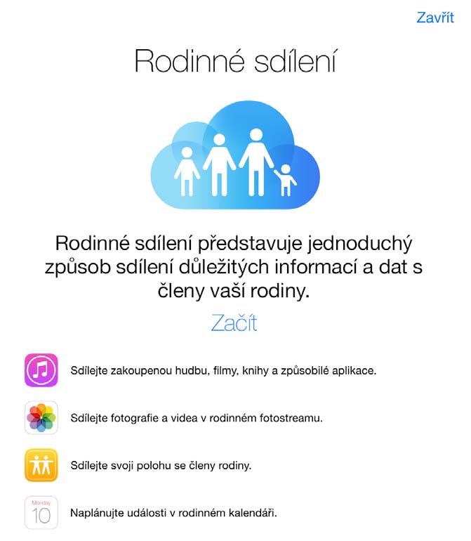 Rodinné sdílení Díky Rodinnému sdílení může až šest členů rodiny sdílet nákupy v itunes Storu, ibooks Storu a App Storu a rodinný kalendář a fotografie, aniž by museli sdílet své účty.