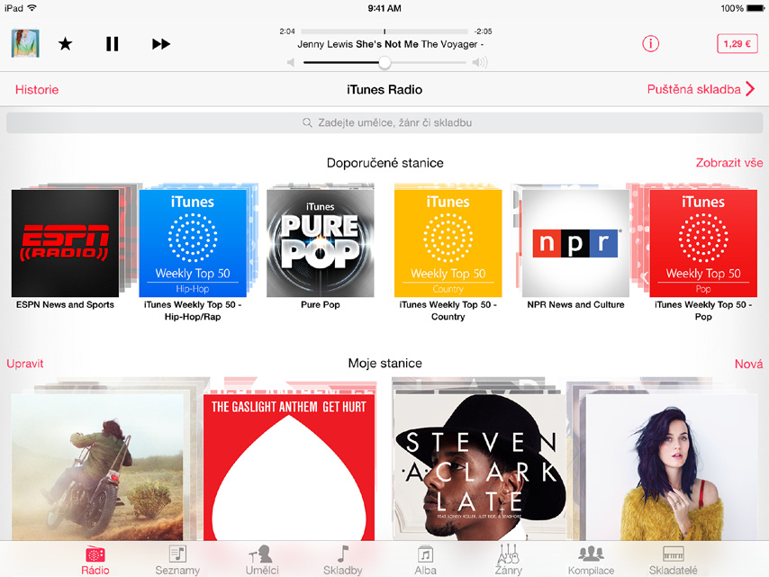 Poznámka: itunes Radio nemusí být k dispozici ve všech oblastech. Další informace o Radiu itunes viz support.apple.com/kb/ht5848?viewlocale=cs_cz.