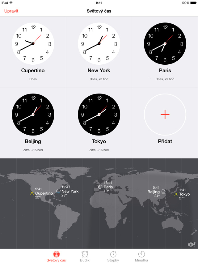 Můžete přidat hodiny s časem v jiných velkých městech a časových pásmech.