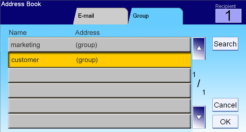 Používání adresáře Pro výběr e-mailové adresy 1. Stiskněte ikonu Adresář na hlavní obrazovce E-mail. Objeví se následující obrazovka Adresář. 2. Dotkněte se e-mailové adresy pro její výběr.