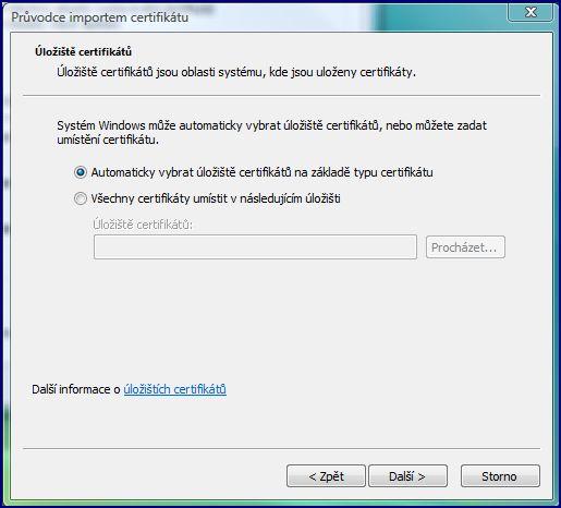 Na druhé obrazovce ponechte nastavenou položku Automaticky vybrat úložiště certifikátů.