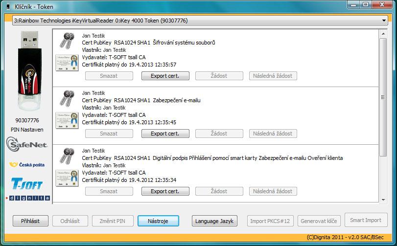6. Operace s USB tokenem 6.1. Spuštění aplikace Pomocí zástupce na ploše nebo v nabídce Start (Programy Klíčník) spusťte aplikaci Klíčník.
