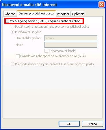 7. Vyberte záložku Server pro odchozí poštu a ujistěte se, že není zatržena volba Můj odchozí server (SMTP) požaduje autentizaci. 8.