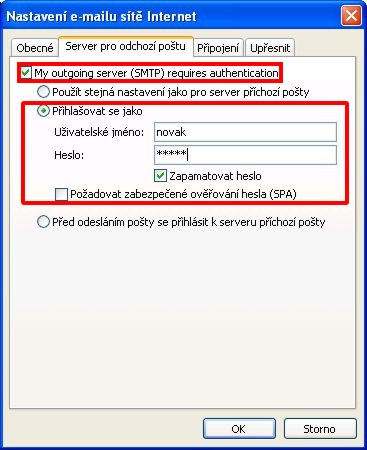 7. Vyberte záložku Server pro odchozí poštu a zatrhněte volbu Můj odchozí server (SMTP) požaduje autentizaci.