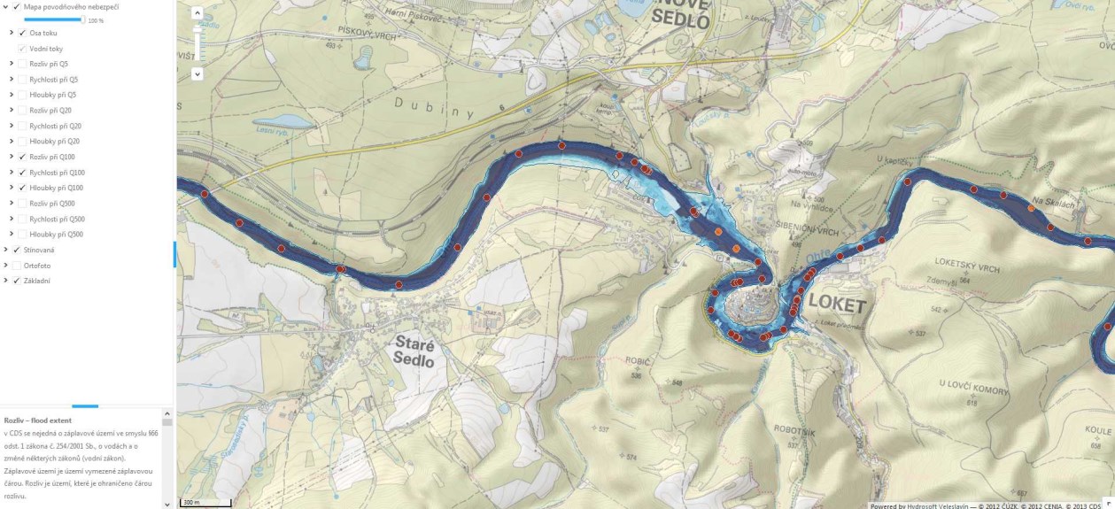 Čára rozlivu - flood extent boundary Křivka odpovídající průsečnici hladiny vody se zemským povrchem při zaplavení území povodní - Q5 průtok povodně, který je dosažen nebo překročen průměrně