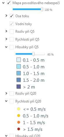 Částečně rozvinuté menu mapy povodňového nebezpečí Povodňové nebezpečí flood hazard Charakterizuje stav s potenciálem způsobit nežádoucí následky (povodňové škody) v oblasti rozlivu.