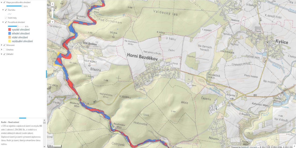 Mapa povodňového ohrožení Rozvinuté menu mapy povodňového ohrožení Povodňové ohrožení - flood danger Je vyjádřeno jako kombinace pravděpodobnosti výskytu nežádoucího jevu (povodně) a nebezpečí.