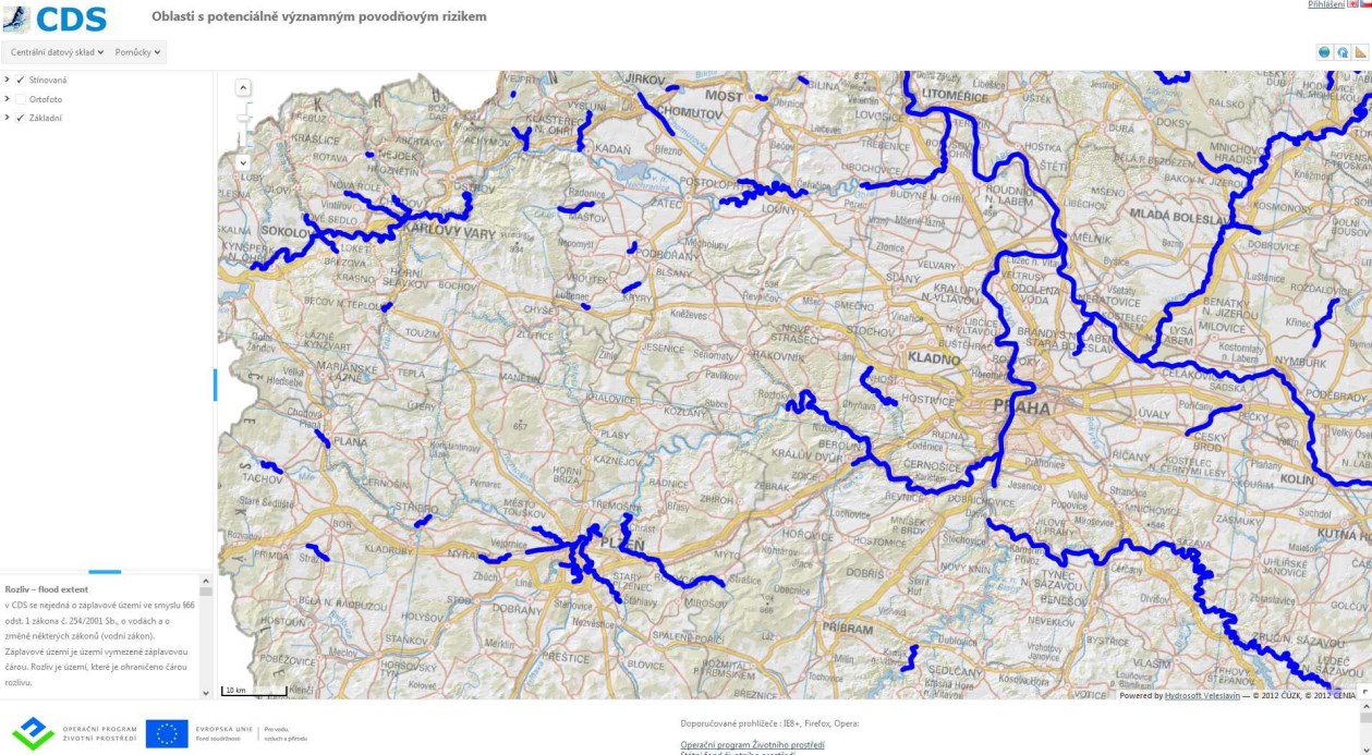 Zoom základní mapy projektů Při otevření mapy projektů (oblastí s významným povodňovým rizikem) se objeví mapa ČR s modře vyznačenými liniemi, které reprezentují oblasti zájmu všech projektů,