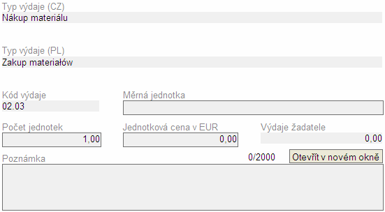 Pokud chceme vyplnit nějakou hodnotu, zvolíme typ výdajů (2) a otevře se nám formulář pod tabulkou, viz následující obrázek.