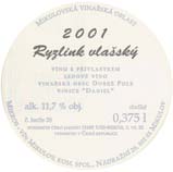 Evidenční číslo vína: 87 Ryzlink vlašský 2001 ledové víno Mikulovská Dobré Pole Daniel spraše s obsahem vápníku do 10% 21. 12.