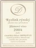 Ryzlink rýnský 2004 slámové víno Mikulovská Strachotín Šusfeldy písčitá Evidenční číslo vína: 89 42,0 0704 1 000 181,0 10,5 11,0 51,3 Víno jiskrného zlatožlutého roucha, ve vůni dominuje květ lípy a