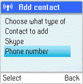 1 Přidat SkypeOut nebo kontakt pevné linky Pro přidání SkypeOut nebo kontaktu pevné linky stiskněte pro výběr Menu a poté: 1) Použijte pro dosažení Add Contact (Přidat kontakt), vyberte stisknutím.