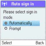 1) Z neaktivní obrazovky stiskněte pro přístup do hlavního menu. ) Stiskněte a pro zvolení Status. 3) Stiskněte a pro výběr Auto sign in (Automatické přihlášení).