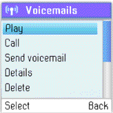Play: Call: Send voicemail: Details: Delete: View profile: Add to contacts: My greeting: přehraje hlasovou zprávu. Volá osobě, která vám zanechala hlasovou zprávu.