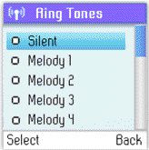 1) Z menu Tóny, stiskněte a pro zvolení Ring tones (Vyzváněcí tóny).