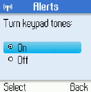 Nastavení tónu kláves Můžete zvolit, zda si přejete slyšet tón při stisknutí klávesy nebo zda chcete klávesy tiché. 1) Z menu Tóny stiskněte a pro výběr Keypad tones (Tóny kláves).