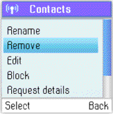 5) Stiskněte a pro výběr Remove (Odstranit). 6) Stiskněte a nebo pouze pro výběr volby odstranění (Remove and block - odstranit a zablokovat nebo Remove - odstranit).