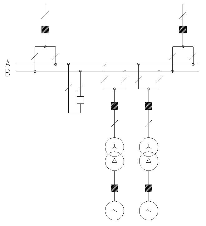 Topologie schémat Hlavní rozvodna v elektrárně c) dvojitý systém přípojnic (dvousystémová r.