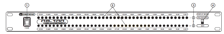 5. Popis přístroje 5.1 Přední panel (1) - Vypínač (2) - Zobrazení decibelů (3) - Nastavovací šroub (4) - Výběr Dot / Bar 5.