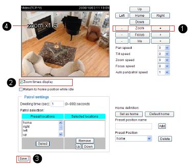 7.10.2 Zoom times display (Zobrazení kroku zoomu) Pokud zvolíte tuto možnost, bude do živého videa vložena informace o aktu{lním nastavení zoomu kamery. Pro zapnutí postupujte takto: 1.