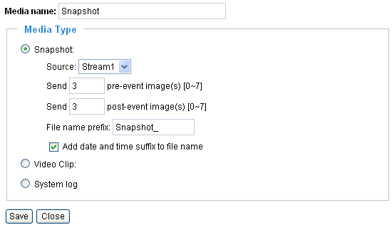 Media Type (Typ obsahu) lze zvolit ze tří možností: Snapshot (snímek), Video Clip (kr{tký videosekvence) nebo System log (informace o činnosti kamery).