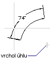 budou počátečními body vynášecích čar. Střed oblouku je vrcholem úhlu. AutoCAD nakreslí kótovací čáru jako oblouk mezi vynášecími čarami. Umístění kótovací čáry určíte myší (viz obr.).
