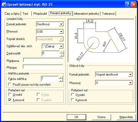 kótovací čáry. Text a Primární jednotky Zde nastavíte vzhled textu kóty.