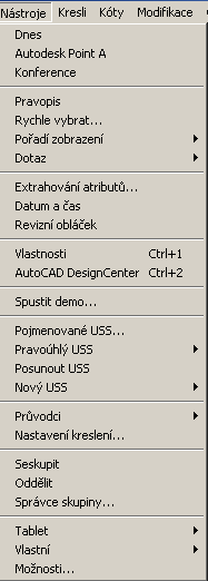 Nástroje Dnes otevře okno Dnes Autodesk Point A Zobrazí Autodesk Point A ve výchozím prohlížeči Konference Sdílí aktuální sezení aplikace s dalšími uživateli na síti Dotaz Vzdálenost - Měří