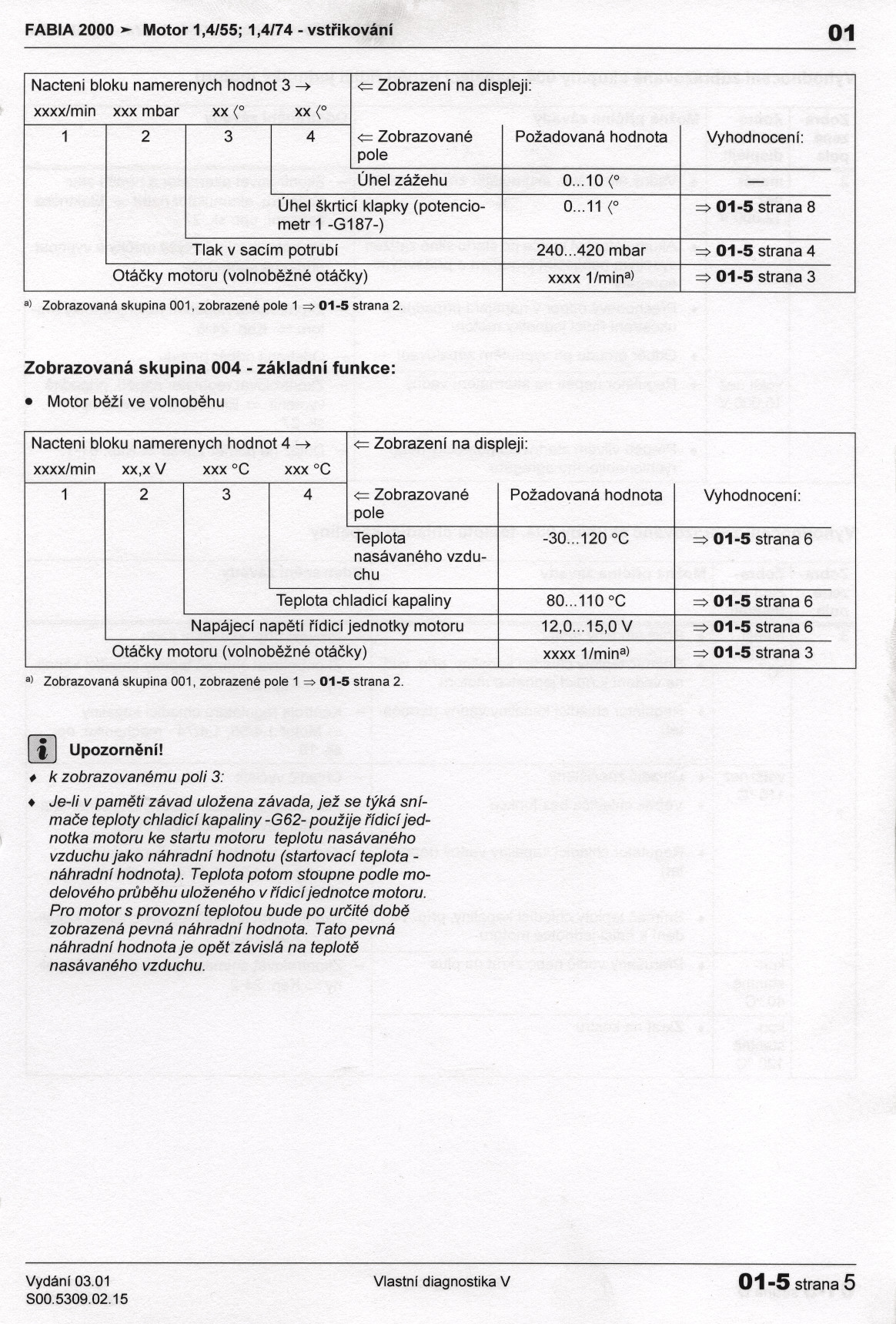 FABIA 2000 ~ Motor 1,4/55; 1,4/74 -vstrikování 01 Nacteni bloku namerenych hodnot 3 xxxx/min xxx mbar xx (O xx (O a) Zobrazovaná skupina 001, zobrazené 1 => 01-5 strana 2. Úhel zážehu 0.