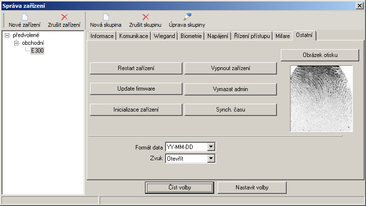 6.8 Ostatní V této tabulce jsou tlačítka, ovládající některé funkce čtečky Restart zařízení provede restart čtečky (obdoba odpojení/připojení napájení); Vypnout zařízení vypne napájení čtečky; Update