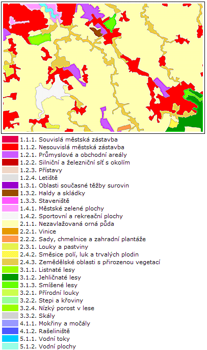 5.3 Definice tříd Obr. 3 Ukázka mapy CLC úrovně 3 a seznam tříd (vyskytující se v ČR) Zdroj: www.cenia.