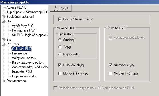 Pokud centrální jednotka PLC nepodporuje on-line zmny, položka povolující on-line zmny bude šedivá a zaškrtávací box nepjde vybrat.