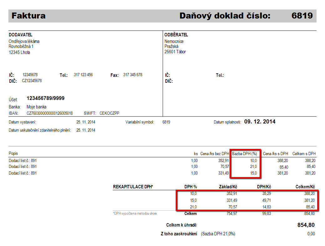 nachází příslušné sazby DPH.