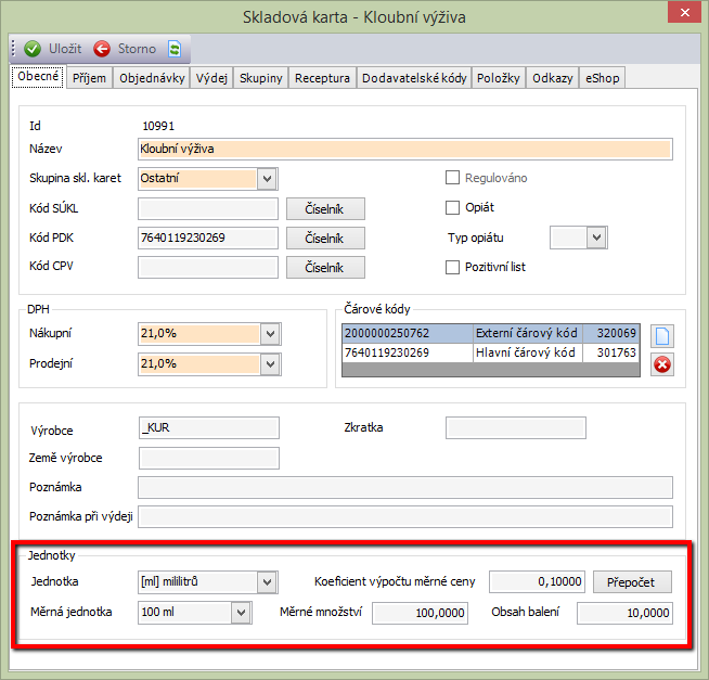 V poli jednotka tedy musí být [ml]. V poli obsah balení hodnota 10.