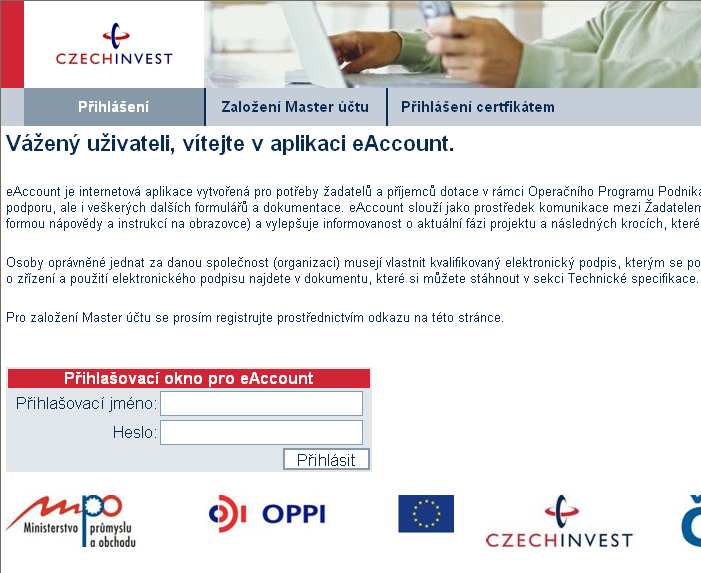 Založení Master účtu Pro žádost o založení Master účtu klikněte zde.