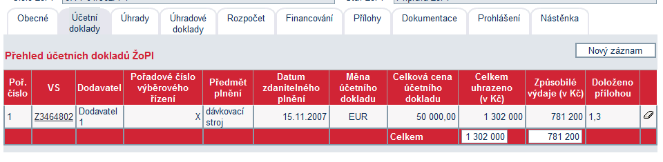 2. krok Vkládání údajů z účetních dokladů záložka Účetní doklady Po zadání obecných informací se přesuňte do záložky Účetní doklady.