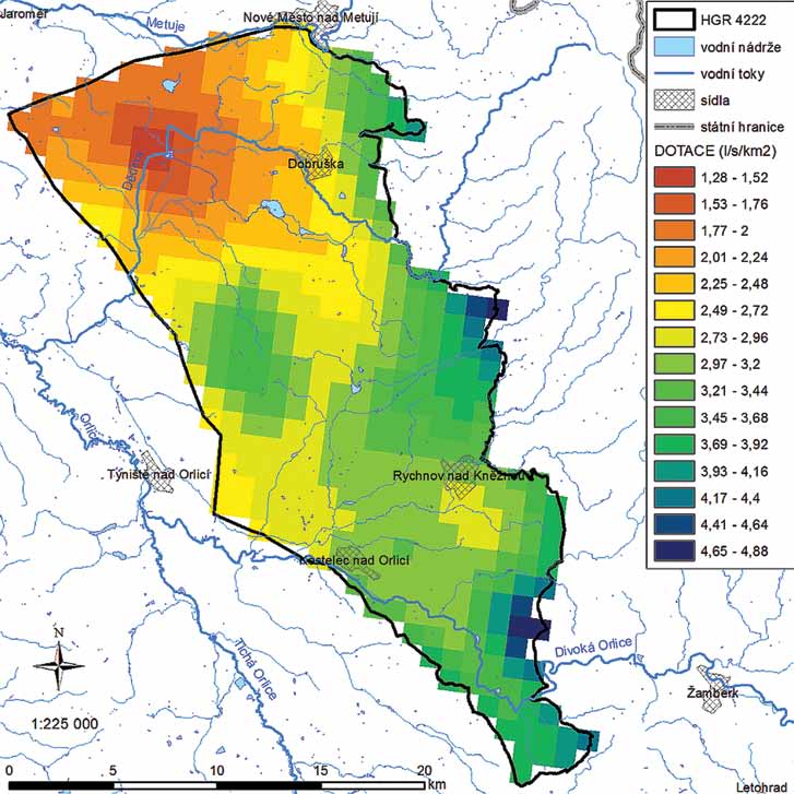 znázornění velikosti dotace podzemních vod na území HGR 4222 Podorlická křída v povodí Orlice.