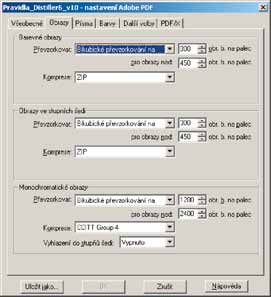 Nastavení parametrů je poměrně obsáhlé, vybereme jen několik podstatných informací. Kompatibilitu dat nastavit na Acrobat 4.0, tedy PDF 1.