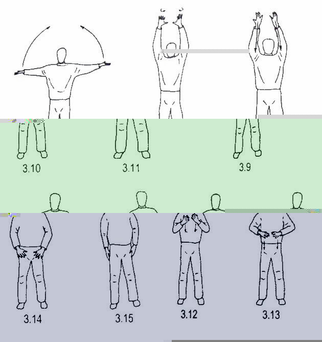 3.1 Ruce jsou uvolněné, v kontaktu se stehny. 3.2 až 3.3 Nádech. 3.3 až 3.