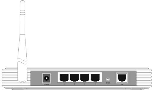 Zadní strana modemu RSMA male konektor pro připojení antény Power - DC vstup pro napájení 4x RJ45 konektory pro síť LAN Reset - resetovací tlačítko pro uvedení modemu do výchozího nastavení.