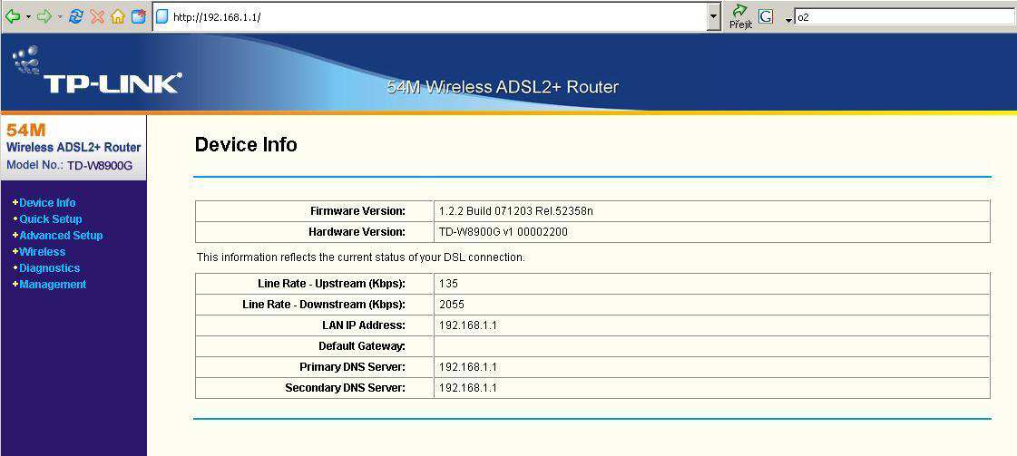 Po přidělení IP adresy najdeme konfiguraci na adrese 192.168.1.1 a modem vyzve k zadání jména a hesla. Výchozí hodnoty pro oba údaje jsou: admin.