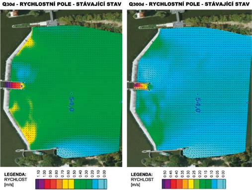 Obr. 9.11 Šítkovský jez (Vltava) příklad rychlostního pole v podjezí lomeného jezu 9.